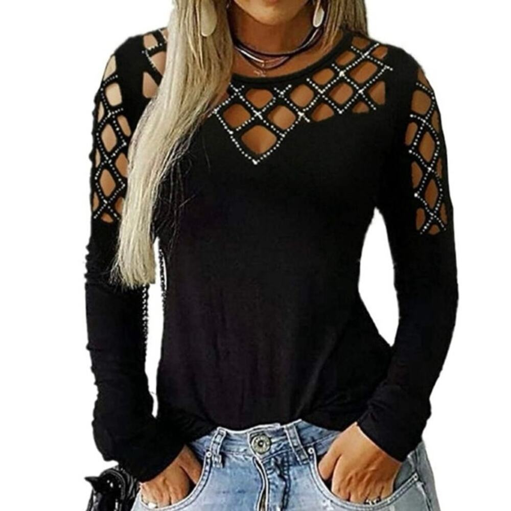 NEW Black Lattice Cutout Long Sleeve Top Edgy Chic Stretchy Crisscross Small
